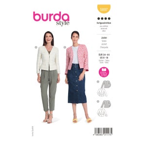 Könnte beinhalten: Ein Schnittmuster für eine Jacke mit zwei verschiedenen Stilvarianten. Das Schnittmuster ist für die Größen 34-44 EUR oder 8-18 US. Das Schnittmuster heißt "burda style" und die Schnittmuster-Nummer ist 5897.