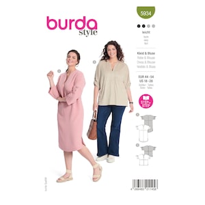 May include: A sewing pattern for a dress and blouse with a V-neckline. The pattern is for sizes EUR 44-54 and US 18-28. The pattern is called "Burda Style" and the number is 5934.
