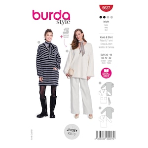 以下が含まれることがあります： Burda Style 5627のドレスとシャツの型紙。画像には2つのバリエーションが示されています。グレーと黒のストライプ柄の長袖ドレス（タイネック付き）と、無地のクリーム色の長袖シャツ（柄入りのネックスカーフとパンツの組み合わせ）です。
