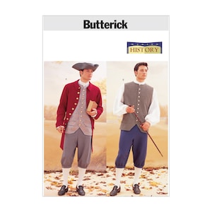 May include: A sewing pattern for a historical costume. The pattern includes instructions for making a red coat, a waistcoat, and breeches. The pattern is from Butterick and is part of their Making History collection.
