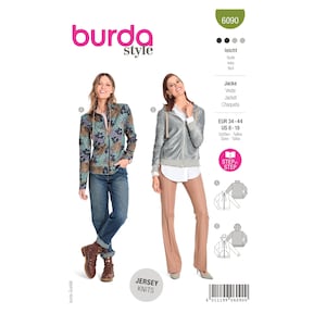 May include: A sewing pattern for a hooded jacket with a zip fastening. The pattern is for sizes 34-44 EUR or 8-18 US. The pattern is labelled "burda style" and "Jersey Knits".