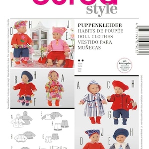 May include: A sewing pattern for doll clothes, featuring a variety of outfits for dolls 16 to 18 inches tall. The pattern includes a dress, a coat, a skirt, and trousers. The pattern is printed on a white background with black text and illustrations.