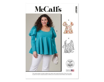 McCalls sewing pattern M8387 - Blouse with peplum and puff sleeves, large sizes