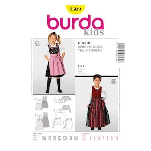 May include: Burda Kids sewing pattern number 9509 for a Dirndl, Robe Folklore, Traje Tiroles. The pattern includes sizes 104-140 (EUR) and 4-10 (US).