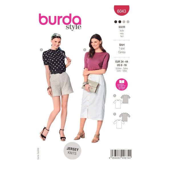 Burda Style Schnittmuster Nr. 6043 - Shirt - T-Shirts mit Falten im Ärmel