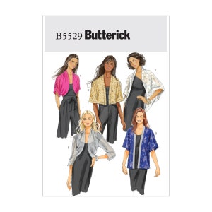Könnte beinhalten: Ein Schnittmuster für fünf verschiedene Modelle von kurzärmeligen Jacken. Das Schnittmuster heißt B5529 Butterick. Die Jacken sind in verschiedenen Farben und Stoffen gezeigt, darunter Pink, Gold, Weiß und Blau.