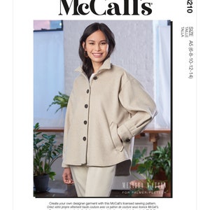 May include: McCall's sewing pattern M8210 featuring a woman wearing a beige jacket with black buttons and pockets. The pattern includes sizes A5 (6-8-10-12-14). The McCall's logo is at the top.
