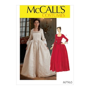 May include: McCall's Costumes sewing pattern M7965 for a historical costume. The pattern includes two options: a white gown with a long skirt and a red gown with a shorter skirt. Both gowns have a fitted bodice and long sleeves.