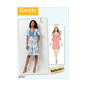 Könnte beinhalten: Ein Schnittmuster für ein Kleid mit V-Ausschnitt und kurzen Ärmeln. Das Schnittmuster ist für die Größen 6-14 und stammt von Butterick. Die Schnittmuster-Nummer lautet B6567.