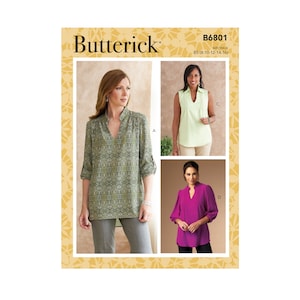 Pode incluir: Um padrão de costura para uma blusa feminina com decote em V e mangas compridas. O padrão inclui quatro estilos diferentes: A, B, C e D. O padrão é da Butterick e o número do padrão é B6801. A faixa de tamanhos é 8-10-12-14-16.