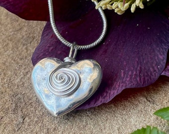 Heart Pendant Necklace - Silver Tone Hammered Zinc Button Gift - Handmade Upcycled Valentine Anniversary Gift - Wirework Swirls Spirals