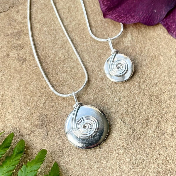 Button Pendant Necklace 1cm / 2cms Silver Tone Hammered Circle - Upcycled Handmade Gift for Seamstress - Silver Plated Wirework Swirl Spiral
