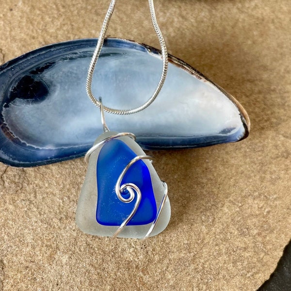 Sea Glass Pendant Necklace - Genuine Scottish Cornflower Blue Frosted White Triangle - Silver Wire Wrapped Swirl Spiral Upcycled Beach Glass