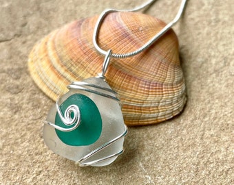 Sea Glass Pendant Necklace - Upcycled Teal Green Frosted White Genuine Beach Glass - Handmade Unique Silver Wire Wrap Spiral Swirls