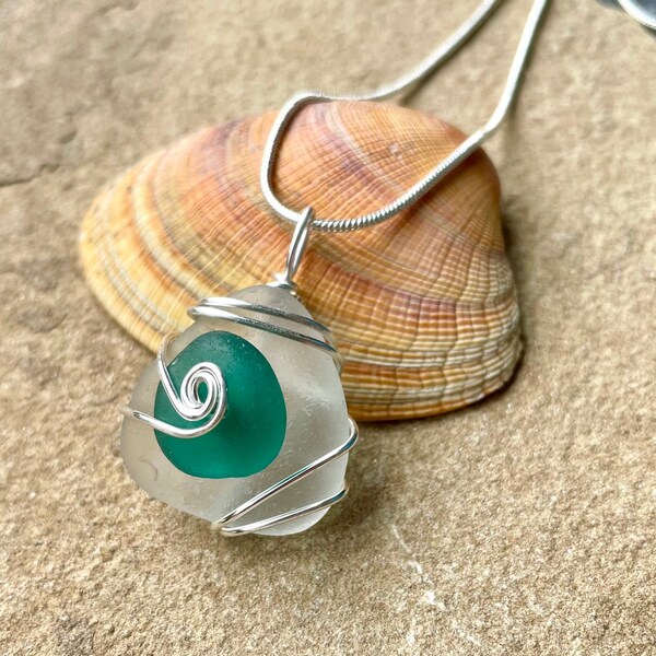 Sea Glass Pendant Necklace - Upcycled Teal Green Frosted White Genuine Beach Glass - Handmade Unique Silver Wire Wrap Spiral Swirls
