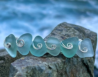 Genuino escocés vidrio de mar clip de pelo francés Barrette Aqua turquesa azul espuma de mar grande 80 mm único reciclado plata espiral remolino playa vidrio