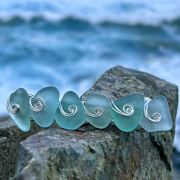 Véritable barrette à cheveux en verre de mer d'Écosse, français, bleu turquoise, écume de mer, grande 80 mm, spirale argentée unique recyclée en verre de plage tourbillonnant