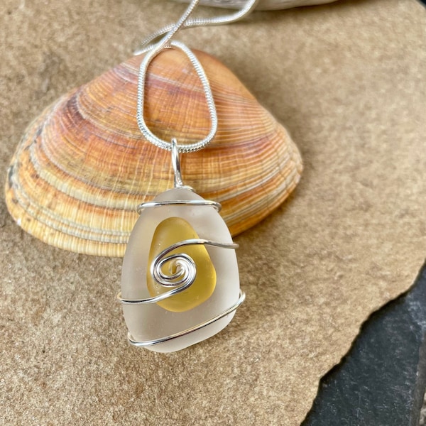 Rare Yellow Sea Glass Pendant Necklace - Upcycled Frosted White Oval Multi Beach Glass Unique Handmade Silver Wire Wrapped Spirals Swirls