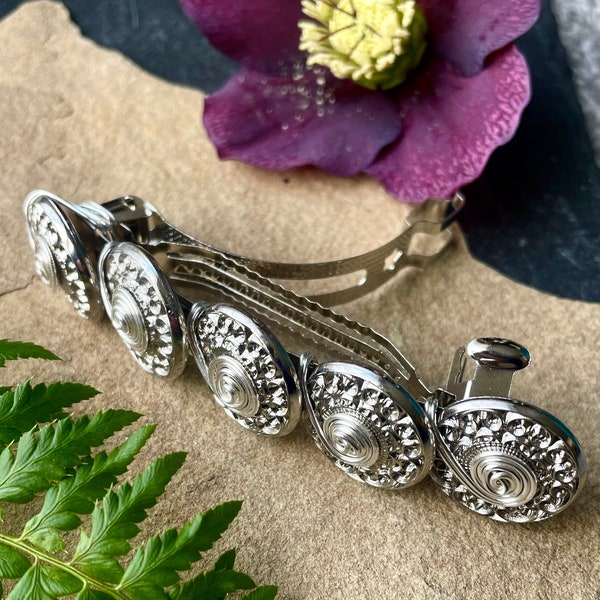 Button French Barrette Hair Slide Clip - Large 80mm - Antique Silver Colour Patterned - Silver Plated Wirework Swirls - Gift Daughter Sister