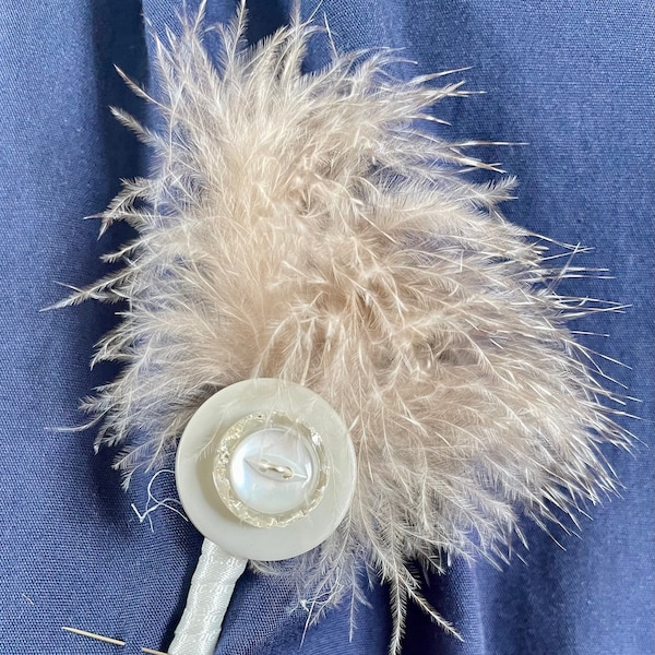 Grey Boutonnière - Wedding Buttonhole - Flamboyant Fluffy Grey Feathers White and Glass Vintage Buttons - Mother of Bride - Unique Handmade