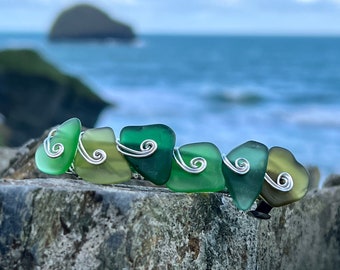 Genuine Sea Glass Hair Clip Large 80mm French Barrette - Lime Emerald Teal Kelly Green Scottish Beach Glass Silver Wirework Spirals Swirls