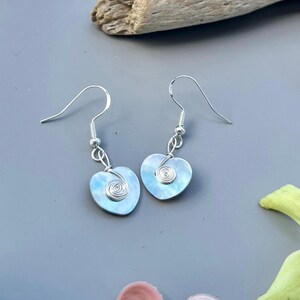Heart Shell Button Earrings - Handmade Upcycled Mother of Pearl - Silver Wire Work Swirls Spirals
