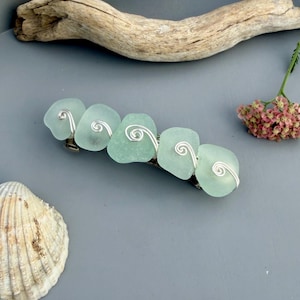 Genuine Sea Glass Hair Clip: Seafoam Aqua Green Blue Silver Wirework Barrette, Beachcomber Treasure Accessory
