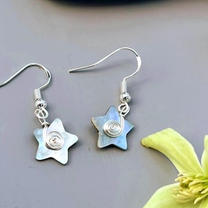 Star Shell Button Earrings - Handmade Upcycled Mother of Pearl - Silver Wire Work Swirls Spirals