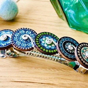 Button French Barrette Hair Slide Clip Large 80mm - Blue Green White Yellow Upcycled Wooden Flower Mandala Pattern Silver Wire Swirls Spiral