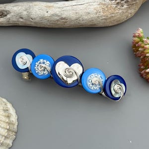 Silver and Blue Heart Button Barrette: Large 8cm Silver Swirl Spiral Wirework Hair Clip for Thick Hair