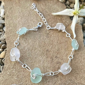 Genuine Scottish Sea Glass Wirework Bracelet Turquoise Aqua Seafoam Blue White Green Ombré Handmade Silver Wrapped Beach Glass Swirl Spirals