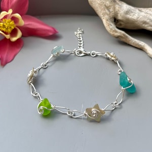 Handmade Sea Glass and Shell Star Button Bracelet: Silver Wirework Link Spiral Swirl Wire Wrapped Jewellery