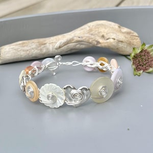Silver Wire Wrapped Button Bangle - Mother of Pearl Vintage Cream Lilac Taupe Wedding Jewellery - Something Old