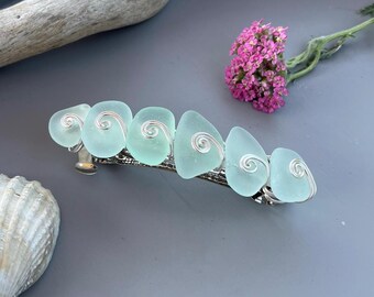 Genuine Sea Glass Hair Clip: Seafoam Aqua Green Blue Silver Wirework Barrette, Beachcomber Treasure Accessory
