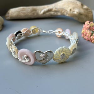 Silver Wire Wrapped Button Bangle - Mother of Pearl Vintage Cream Lilac Taupe Wedding Jewellery - Something Old