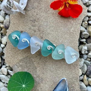 Genuine Sea Glass Hair Clip: Upcycled Silver Barrette - Aqua, Green, Cobalt