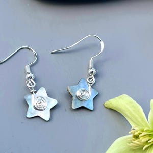 Star Shell Button Earrings - Handmade Upcycled Mother of Pearl - Silver Wire Work Swirls Spirals