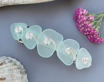 Genuine Sea Glass Hair Clip: Seafoam Aqua Green Blue Silver Wirework Barrette, Beachcomber Treasure Accessory