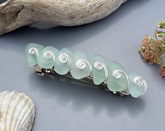 Genuine Sea Glass Hair Clip: Seafoam Aqua Green Blue Silver Wirework Barrette, Beachcomber Treasure Accessory