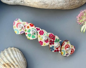 Heart Button Boho Hair Clip: Silver Wirework Spiral Swirl Barrette Multicoloured Accessory