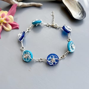 Handmade Button Bracelet: Silver Wire Wrapped Blue Turquoise Floral Chain Link Extension