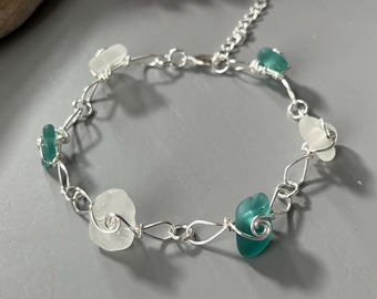 Handmade Sea Glass Bracelet: Silver Wire Wrapped Beach Jewelry - Extension Chain