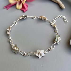 Handmade Shell Star Button Bracelet: Silver Wirework Link Spiral Swirl Wire Wrapped Jewellery