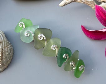 Genuine Sea Glass Hair Clip: Silver Wirework Barrette, Green Beach Glass