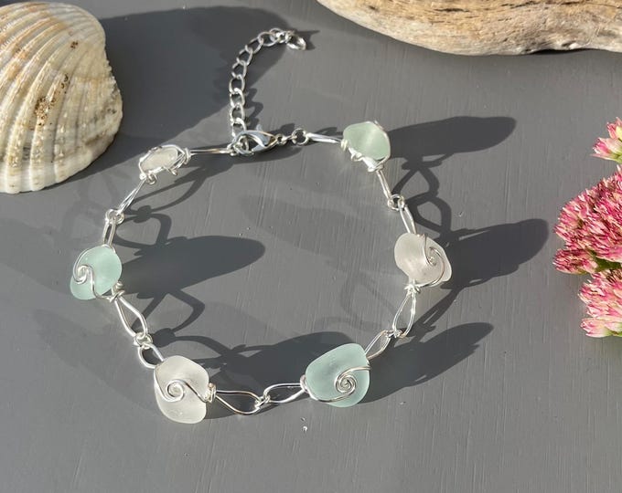 Handmade Sea Glass Bracelet: Silver Wire Wrapped Beach Jewelry - Extension Chain