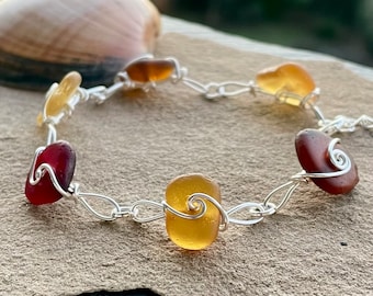 Sea Glass Silver Wirework Link Bracelet - Red Yellow Orange Brown Unique Handmade Wire Wrapped Upcycled Genuine Beach Glass Ocean Jewellery
