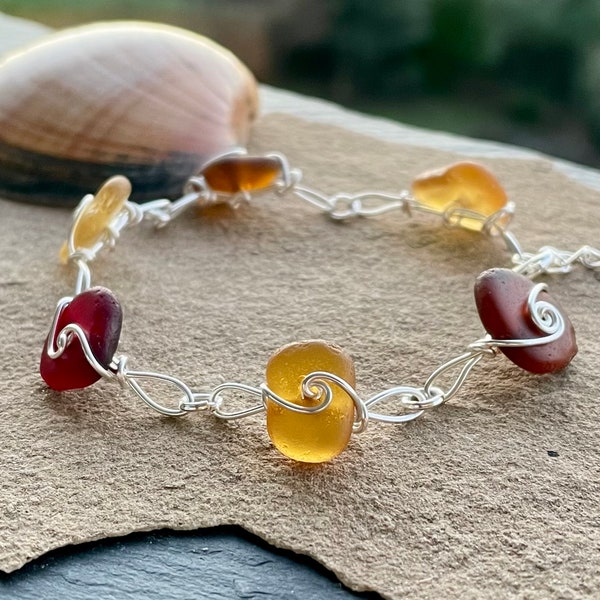 Sea Glass Silver Wirework Link Bracelet - Red Yellow Orange Brown Unique Handmade Wire Wrapped Upcycled Genuine Beach Glass Ocean Jewellery