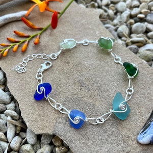 Sea Glass Silver Link Bracelet - Aqua Seafoam Green Cobalt Blue White - Large 20 cms Small 17 cms Adjustable Wire Wrap Genuine Beach Glass