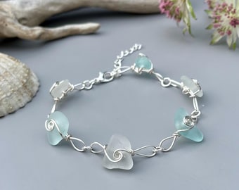 Handmade Sea Glass Bracelet: Silver Wire Wrapped Beach Jewelry - Extension Chain