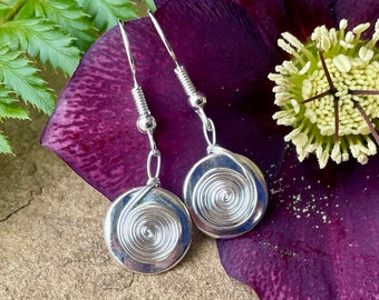 Button Earrings - 1cm Silver-Tone Handmade Gift for Button Lovers - Sewing Haberdashers - Upcycled Buttons with Silver Wirework Swirl Spiral